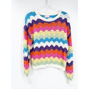 Sincerely Ours Over The Rainbow Multicolor Scalloped‎ Knit Crewneck Sweater